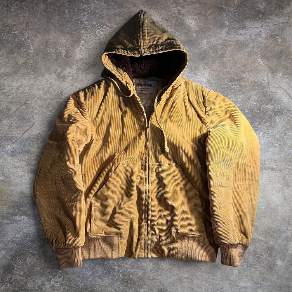 Vintage Windbreaker Tan Corduroy Hooded Jacket Sherpa Lined Mens M Workwear